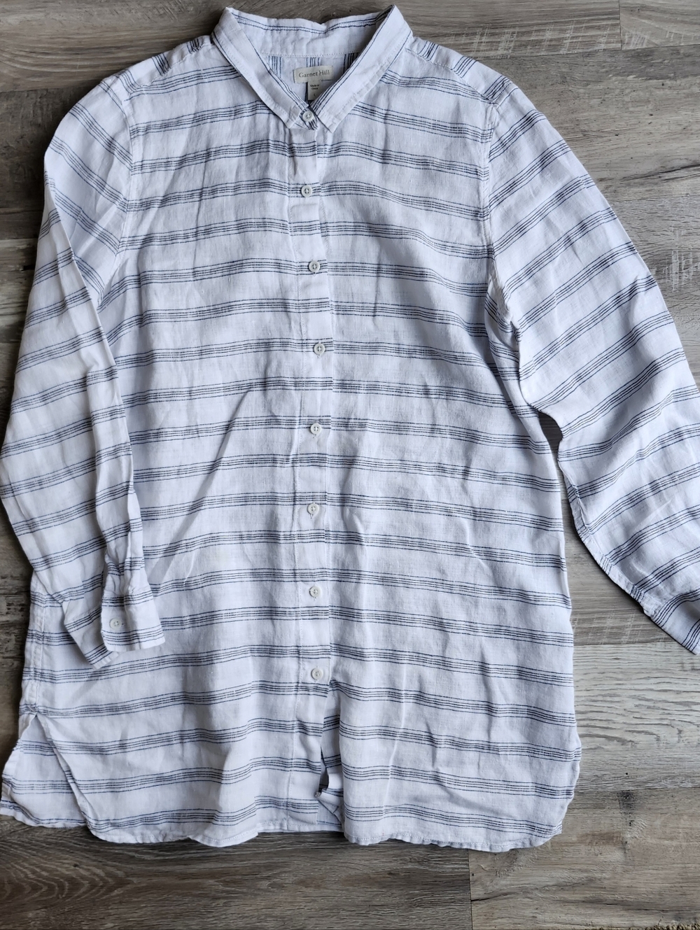Garnet Hill Linen Tunic L Blue White Stripe Button Front Side Slit Top